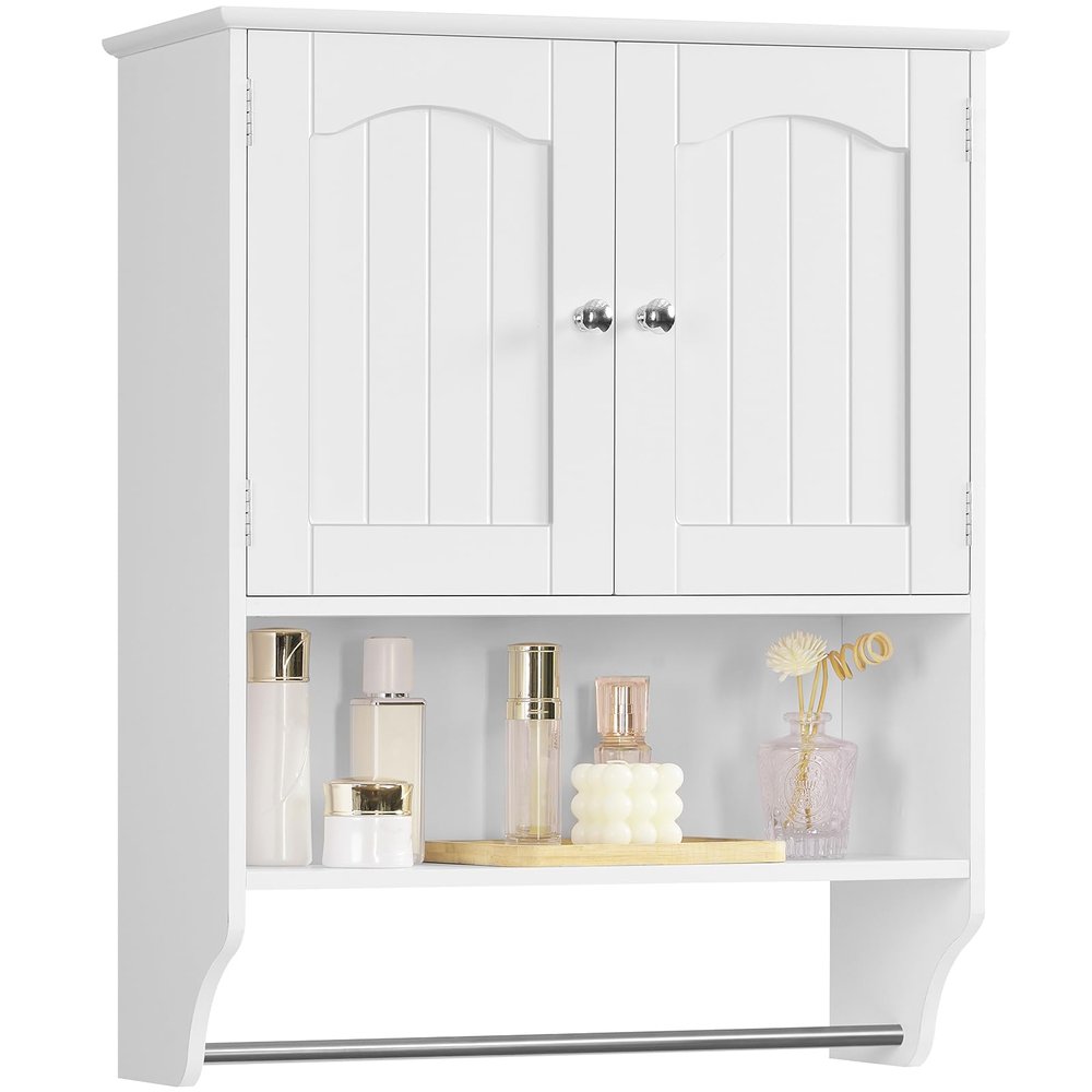 Iwell Bathroom Wall Cabinet, Over The Toilet Storage Cabinet with Towel Rack & Adjustable Shelf, Medicine Cabinet for Bathroom, White