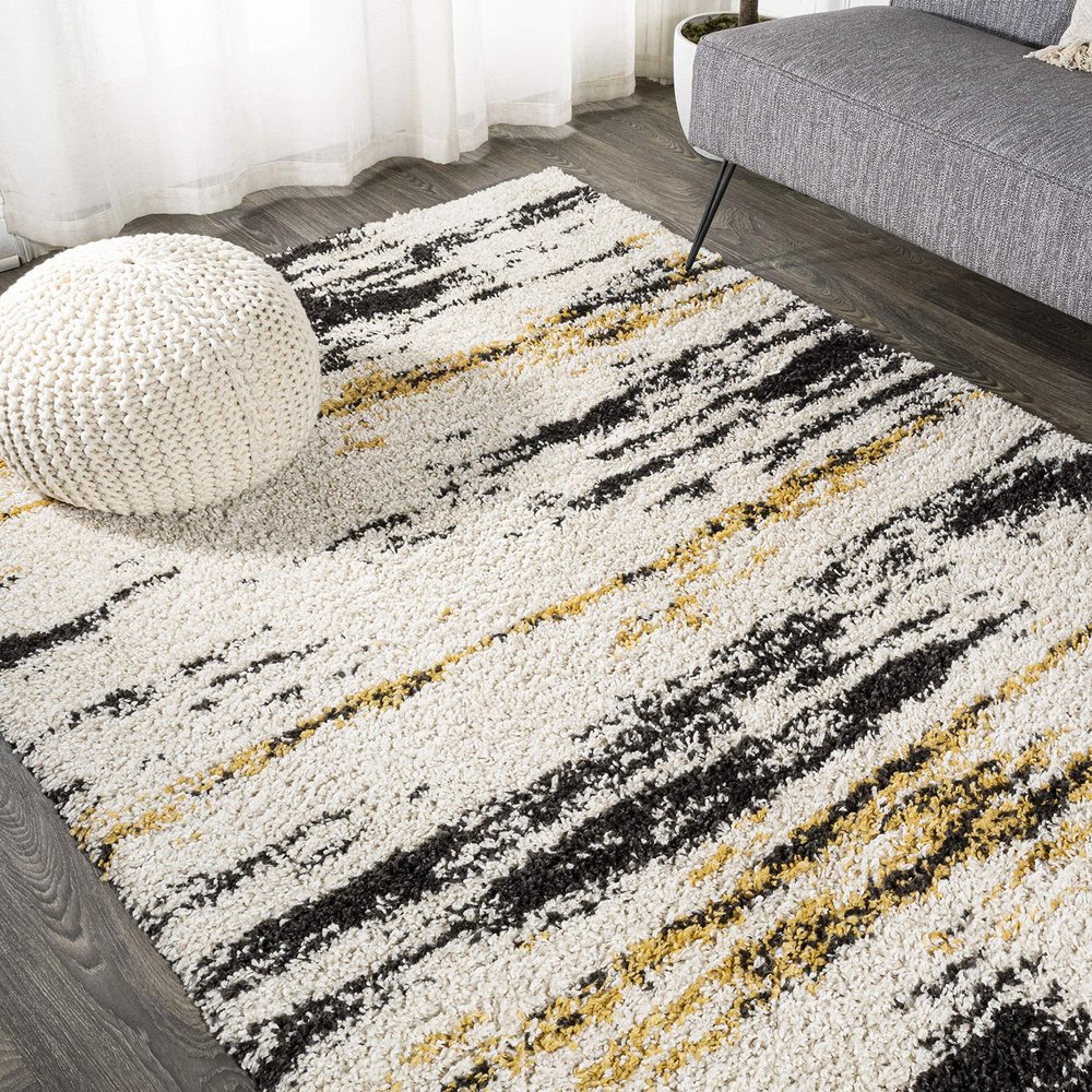 JONATHAN Y Strie' Shag Beige/Black/Yellow Indoor Area Rug 5X8 ft, Nova Modern Bold for Living Room, Bedroom, Kitchen, Office, Easy-Cleaning, High Traffic, Pet-Friendly, Non-Shedding SHG102A-5
