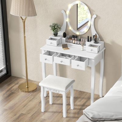CHARMAID Makeup Vanity Table with Lighted Mirror, Vanity Desk with 10 LED Lights, Adjustable Brightness, 5 Drawers and Removable Storage Organizer, Bedroom Dressing Table with Stool (White)