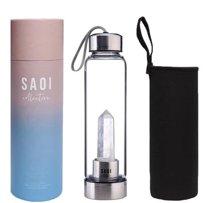 SAOI Crystal Water Bottle - Clear Quartz - Natural Wellness Healing - Glass/Stainless Steel
