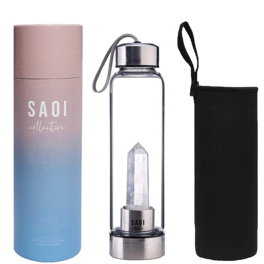 SAOI Crystal Water Bottle - Clear Quartz - Natural Wellness Healing - Glass/Stainless Steel
