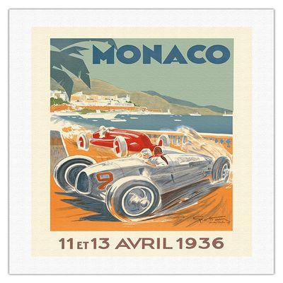 1936 Monaco Grand Prix - Vintage Car Racing Poster by Go Ham (Georges Hamel) - Fine Art Rolled Canvas Print 20in x 26in