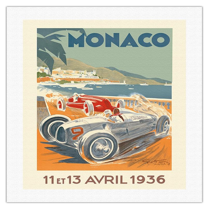 1936 Monaco Grand Prix - Vintage Car Racing Poster by Go Ham (Georges Hamel) - Fine Art Rolled Canvas Print 20in x 26in