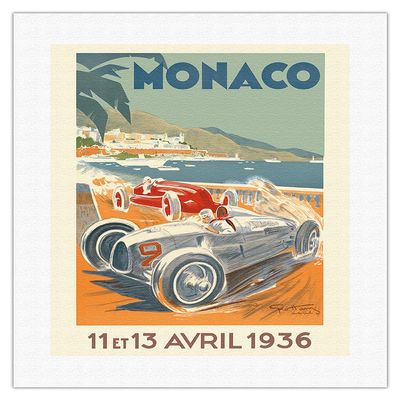 1936 Monaco Grand Prix - Vintage Car Racing Poster by Go Ham (Georges Hamel) - Fine Art Rolled Canvas Print 16in x 20in
