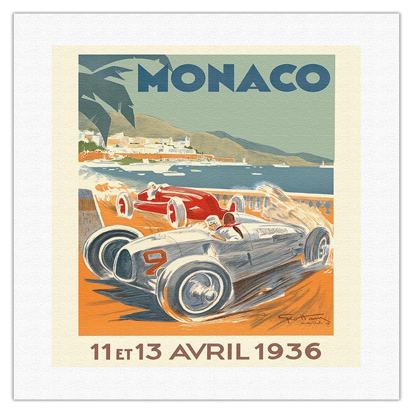 1936 Monaco Grand Prix - Vintage Car Racing Poster by Go Ham (Georges Hamel) - Fine Art Rolled Canvas Print 16in x 20in