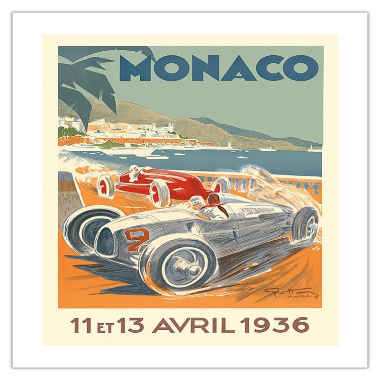 1936 Monaco Grand Prix - Vintage Car Racing Poster by Go Ham (Georges Hamel) - Bamboo Fine Art 290gsm Paper Print (Unframed) 24x32in