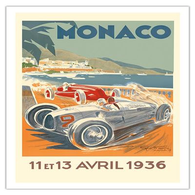 1936 Monaco Grand Prix - Vintage Car Racing Poster by Go Ham (Georges Hamel) - Fine Art Matte Paper Print (Unframed) 30x44in