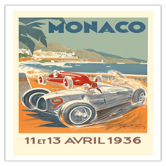 1936 Monaco Grand Prix - Vintage Car Racing Poster by Go Ham (Georges Hamel) - Fine Art Matte Paper Print (Unframed) 30x44in