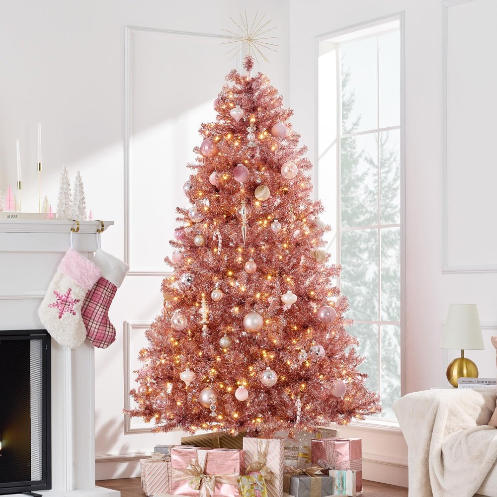 Best Choice Products 6ft Prelit Tinsel Christmas Tree, Artificial Seasonal Holiday Decoration w/ 1,000 Branch Tips, Stand - Pink