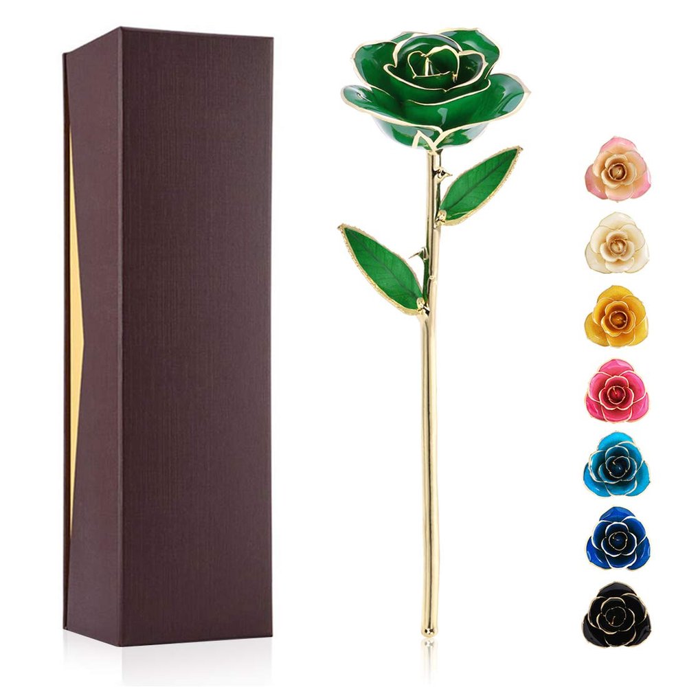 24K Gold Dipped Real Rose Valentines Flower, Golden Friend Romantic Love Girlfriend Confidante Wife Mom Grandma on Birthday Sweetest Day Halloween Thanksgiving, Green