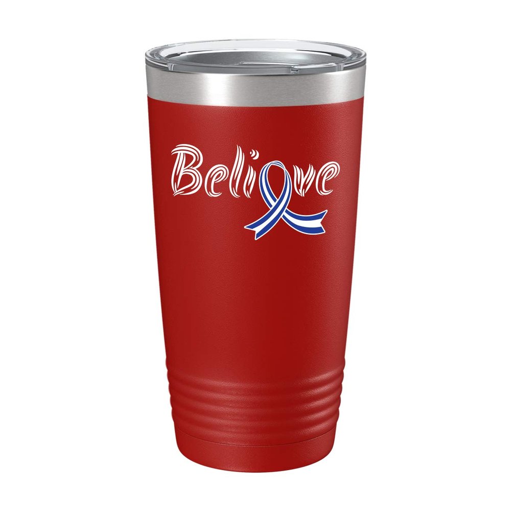 BeeTeeStore ALS Awareness Tumbler - Believe Ribbon 20oz Red Stainless Steel Vacuum Insulated Coffee Cup - Thoughtful Lou Gehrig Gift for Patients, Survivors, and Warriors Fighting ALS