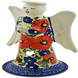 Polmedia Polish Pottery Angel Candle Holder UNIKAT - Red Star Pattern Handmade in Boleslawiec Poland + Certificate of Authenticity