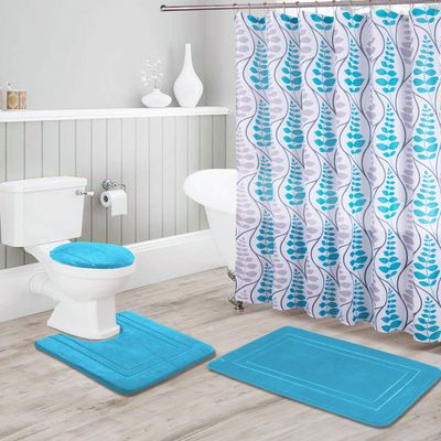 Bathroom Collection Aqua/Light Blue 16pc Bathroom Accessory Set - Non-Slip Bath Mat, Non-Slip Contour Mat, Toilet Lid Cover and Waterproof Shower Curtain with Rustproof Metal Roller Hooks