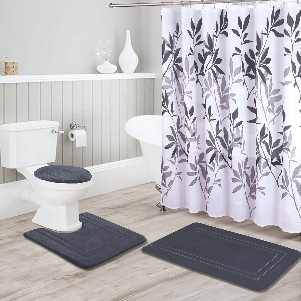 Bathroom Collection Charcoal 16pc Bathroom Accessory Set - Non-Slip Bath Mat, Non-Slip Contour Mat, Toilet Lid Cover and Waterproof Shower Curtain with Rustproof Metal Roller Hooks