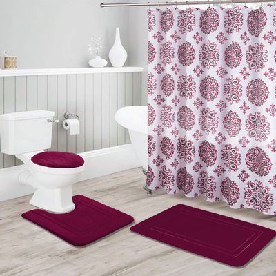 Bathroom Collection Burgundy 16pc Bathroom Accessory Set - Non-Slip Bath Mat, Non-Slip Contour Mat, Toilet Lid Cover and Waterproof Shower Curtain with Rustproof Metal Roller Hooks
