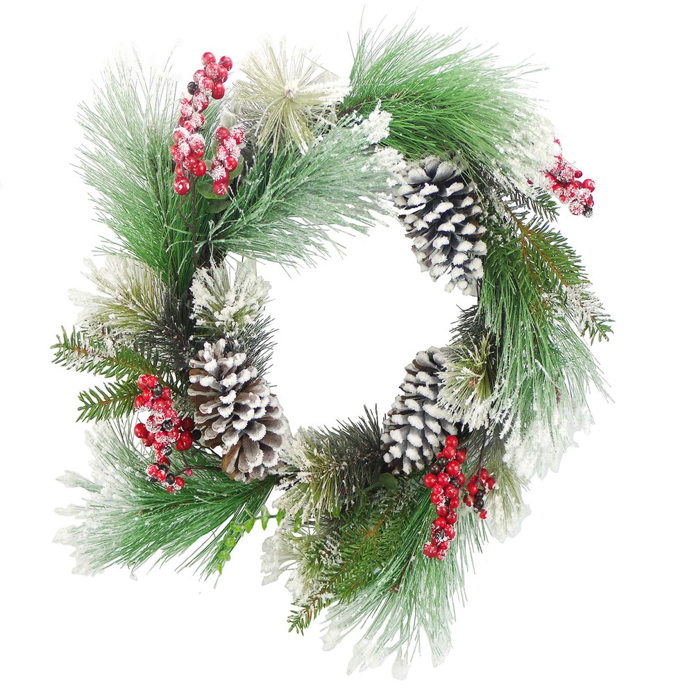Admired by Nature 24" Artificial Pine Cone Berries Frosted Wreath Holiday Wreath for Front Door Home Decor, Indoor Outdoor Christmas Decorations, Cemetery Wreaths - Snow Red