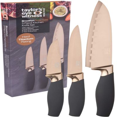 3pc Kitchen Knife Gift Set - Brooklyn by Taylors Eye Witness. Rose Gold Colored Bolsters, Matching Finely Ground Razor Sharp Titanium Coated Blades. Soft Grip Handles. 2yr Peace of Mind