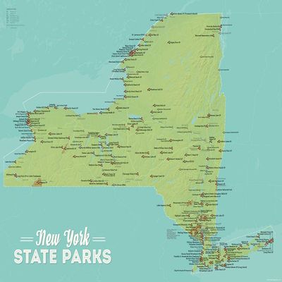 New York State Parks Checklist Map 18x24 Poster (Green & Aqua)