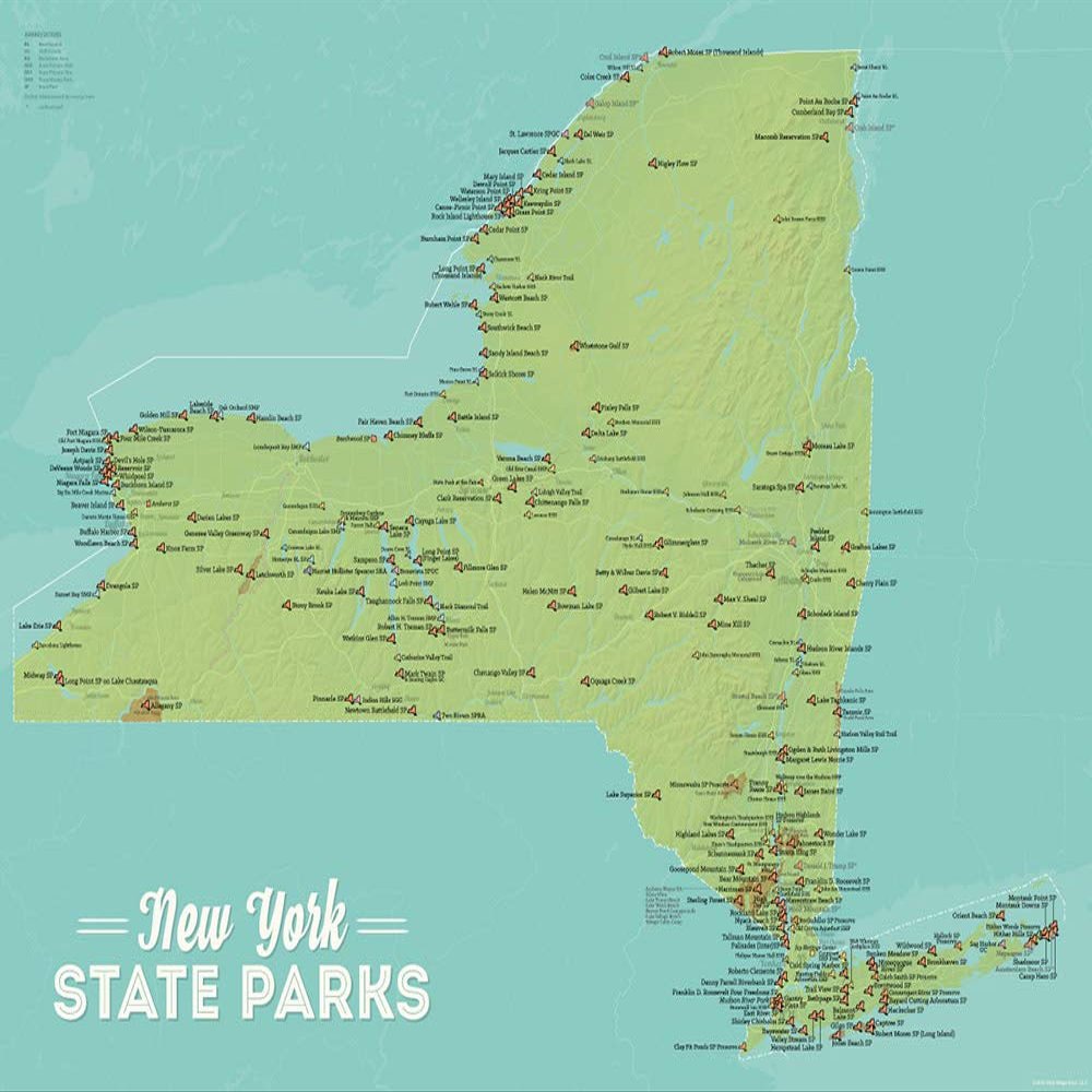 New York State Parks Checklist Map 18x24 Poster (Green & Aqua)