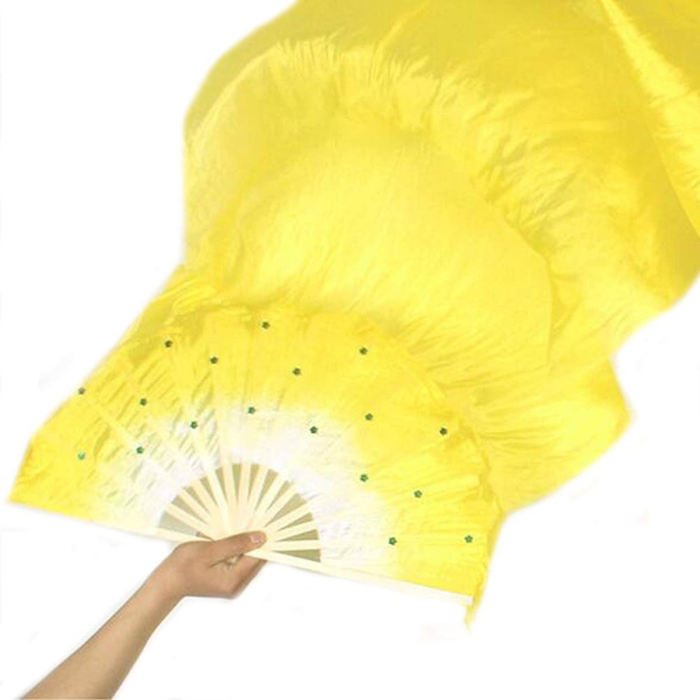 FZBNSRKO 1.8M 70.86" Belly Dance Silk Bamboo Fan Long Fans Veils Party Performance Morning Practice Long Fans(Yellow)