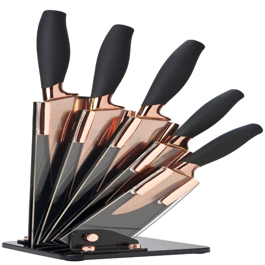 5pc Kitchen Knife Set & Block - Brooklyn by Taylors Eye Witness. Rose Gold Coloured Bolsters, Finely Ground Razor Sharp Titanium Coated Matching Blades. Soft Grip Handles. Modern Fan Shaped Holder.