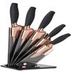 5pc Kitchen Knife Set & Block - Brooklyn by Taylors Eye Witness. Rose Gold Coloured Bolsters, Finely Ground Razor Sharp Titanium Coated Matching Blades. Soft Grip Handles. Modern Fan Shaped Holder. view 1