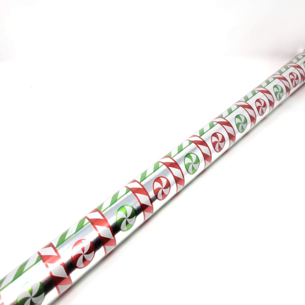 NS Holiday Christmas Heavyweight Gift Wrapping Paper Red Green Metallic Candies Gridlines (Bonus: Noelles Xmas Window Gel Clings) Greetings Party Festive 90 Feet 1 Roll