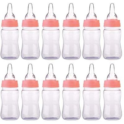 OOKI- 12 Pieces 4.25-Inches Baby Bottle Shower Favor,Mini Plastic Candy Bottle,Boy Girl Newborn Baby Baptism Birthday Party Decor (Pink)
