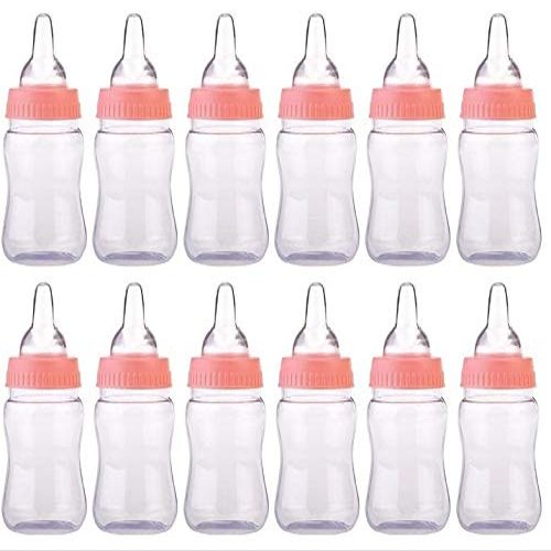 OOKI- 12 Pieces 4.25-Inches Baby Bottle Shower Favor,Mini Plastic Candy Bottle,Boy Girl Newborn Baby Baptism Birthday Party Decor (Pink)
