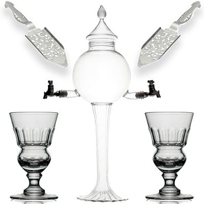 Absinthe Fountain Set - Glass Pearl Bubble Fountain Absinthe Set with 2 Spouts, Absinthe Dripper Set, Complete with 2 Reservoir Pontarlier Absinthe Glasses and Absinthe Spoons.