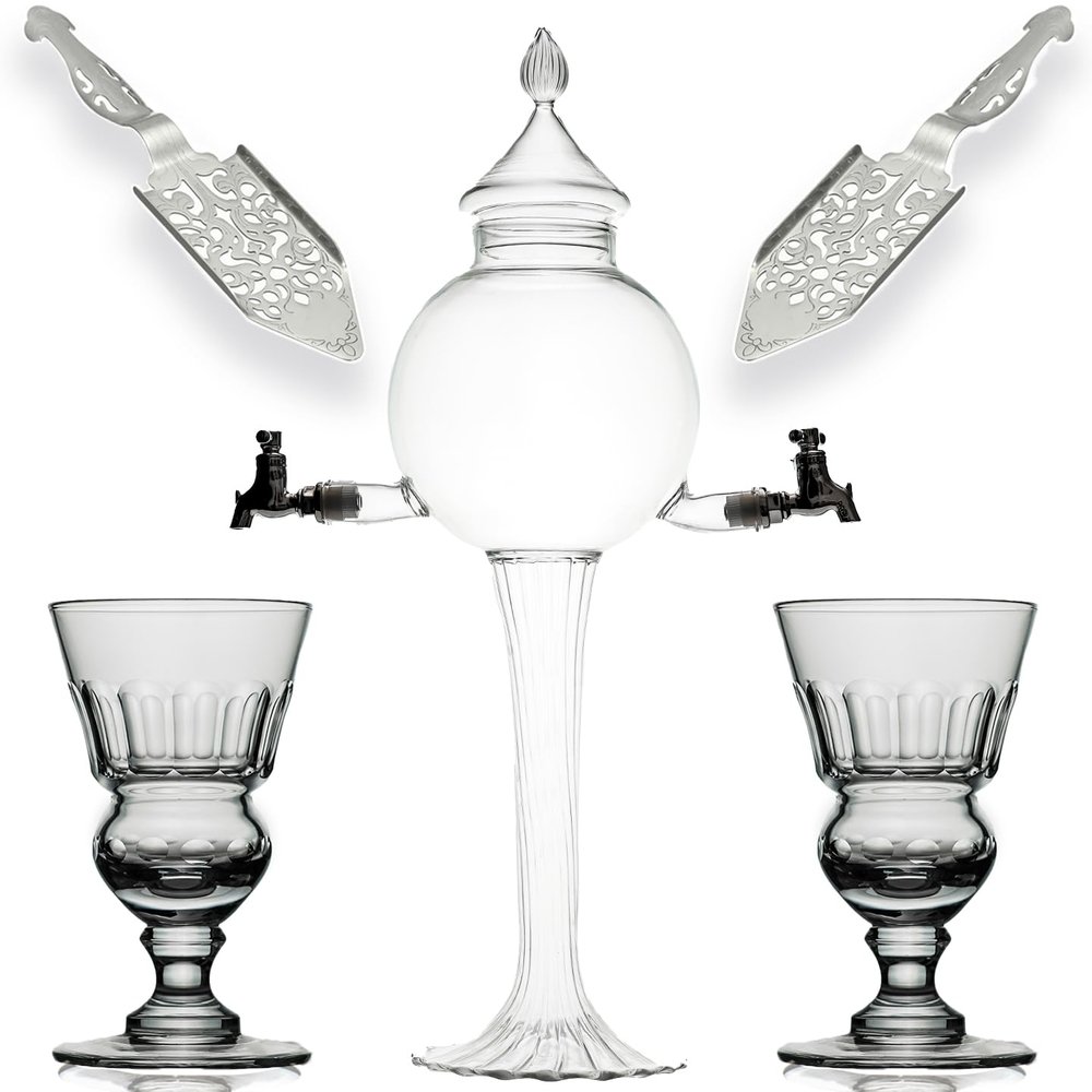 Absinthe Fountain Set - Glass Pearl Bubble Fountain Absinthe Set with 2 Spouts, Absinthe Dripper Set, Complete with 2 Reservoir Pontarlier Absinthe Glasses and Absinthe Spoons.