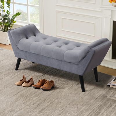 Alunaune Velvet Tufted Ottoman Bed Bench for Bedroom End of Bed Bench, Upholstered Entryway Bench Storage Ottoman Footstools with Wood Legs-2 Seater, Light Gray