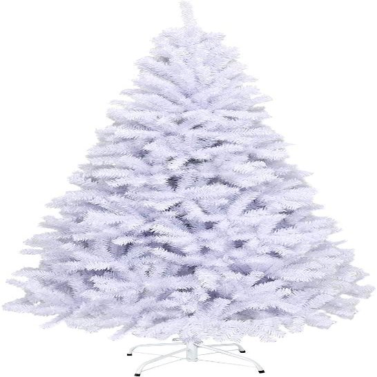 SPSUPE, White Artificial PVC Pine Tree with Metal Stand, Easy Assembly, Ideal for Christmas Festive Holiday Decoration, (7.5FT), Christmas Tree