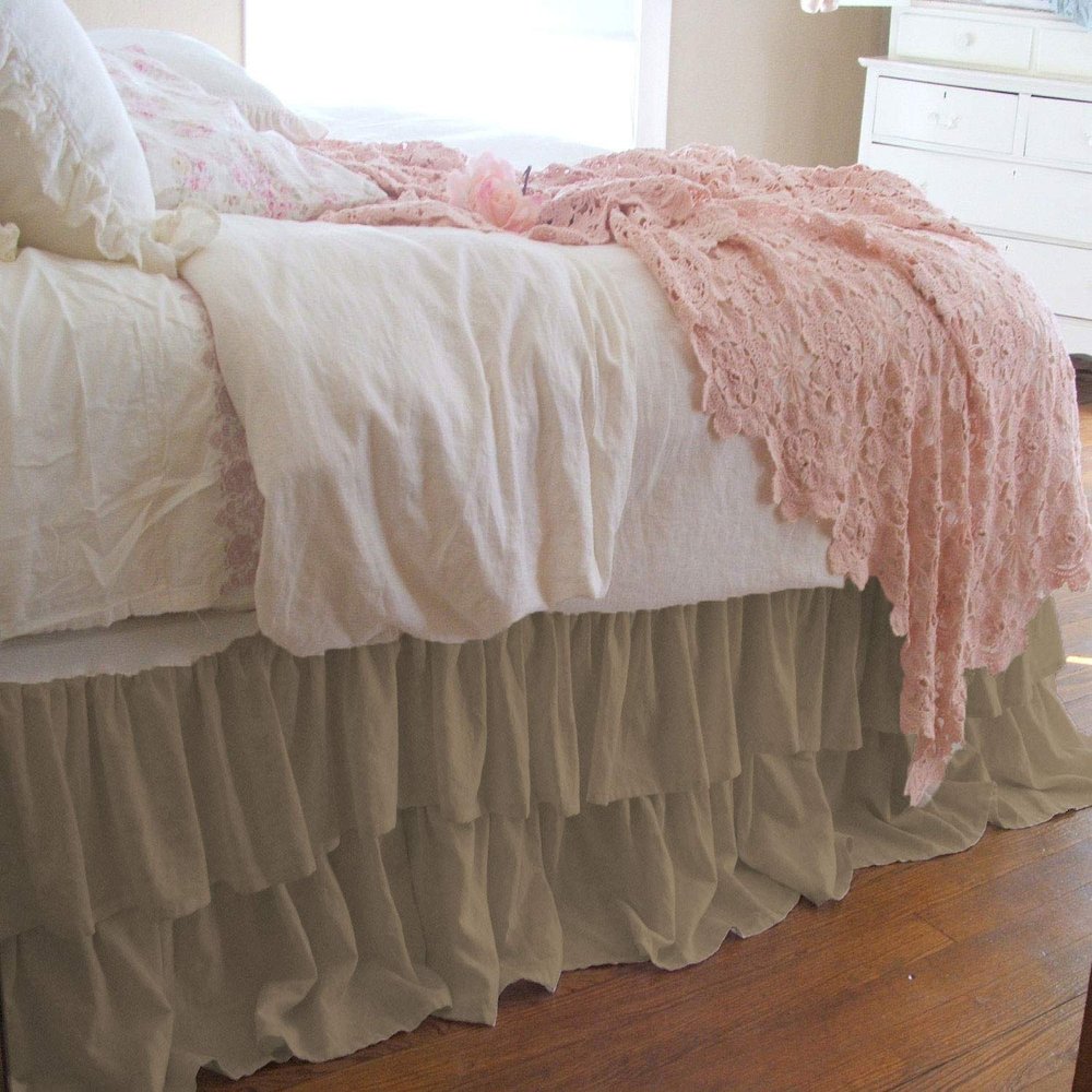 1 Piece Solid 15" Drop Double Layer Ruffle Bed Skirt 600TC Egyptian Cotton (Taupe, King)