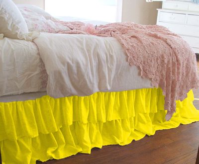 1 Piece Solid 20" Drop Double Layer Ruffle Bed Skirt 600TC Egyptian Cotton (Yellow, Queen)