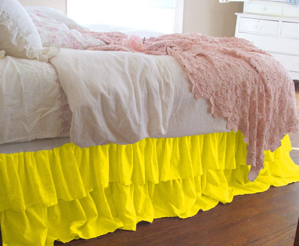 1 Piece Solid 20" Drop Double Layer Ruffle Bed Skirt 600TC Egyptian Cotton (Yellow, Queen)