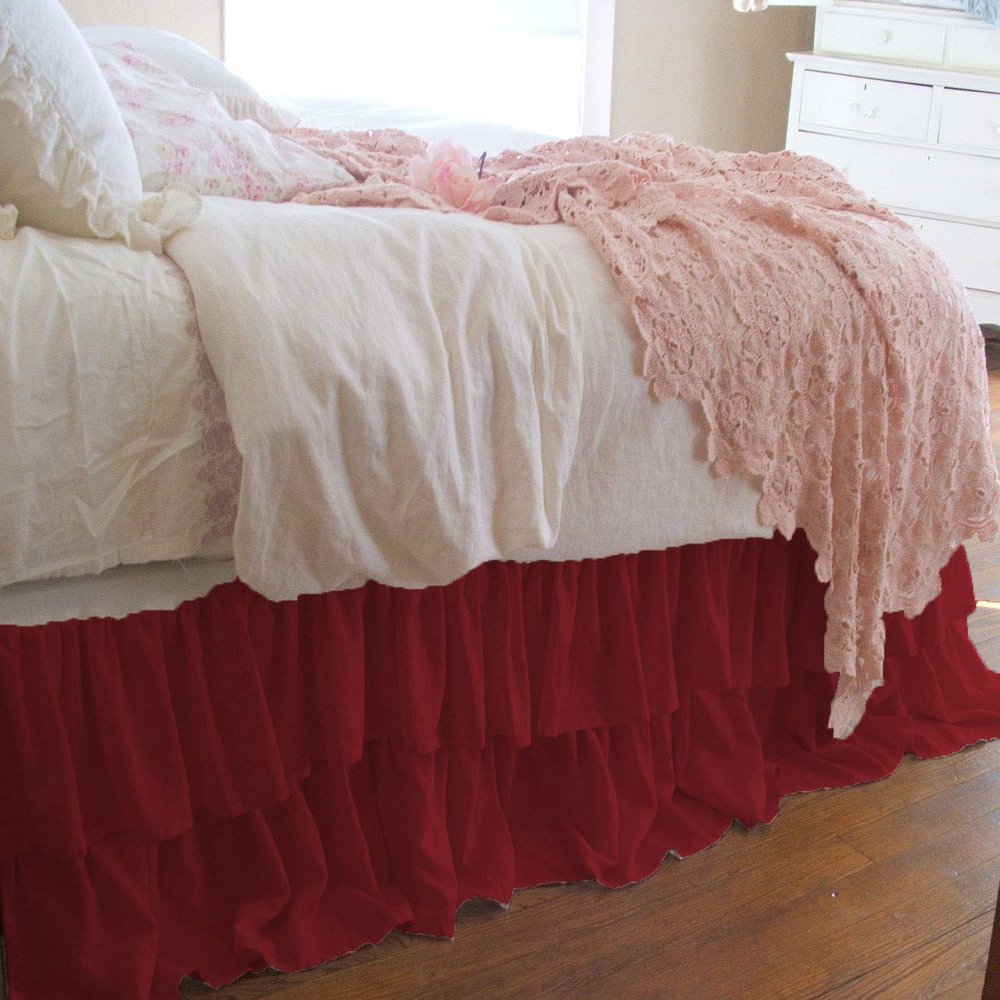 1 Piece Solid 20" Drop Double Layer Ruffle Bed Skirt 600TC Egyptian Cotton (Burgundy, Twin XL)