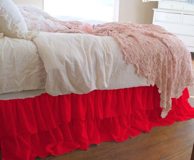 1 Piece Solid 20" Drop Double Layer Ruffle Bed Skirt 600TC Egyptian Cotton (Red, Queen)