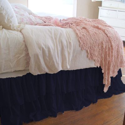 1 Piece Solid 20" Drop Double Layer Ruffle Bed Skirt 600TC Egyptian Cotton (Navy Blue, Twin)