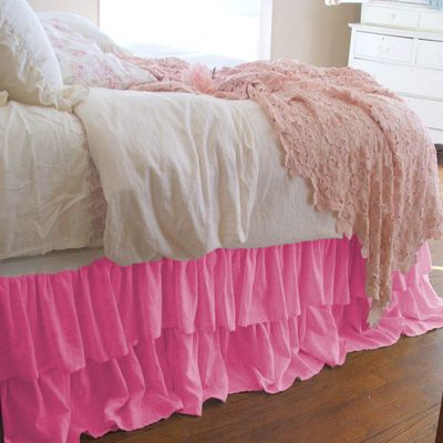 1 Piece Solid 20" Drop Double Layer Ruffle Bed Skirt 600TC Egyptian Cotton (Hotpink, Twin)