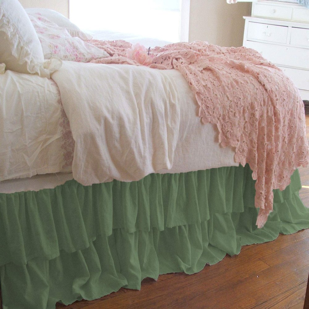 1 Piece Solid 20" Drop Double Layer Ruffle Bed Skirt 600TC Egyptian Cotton (Moss, Twin)