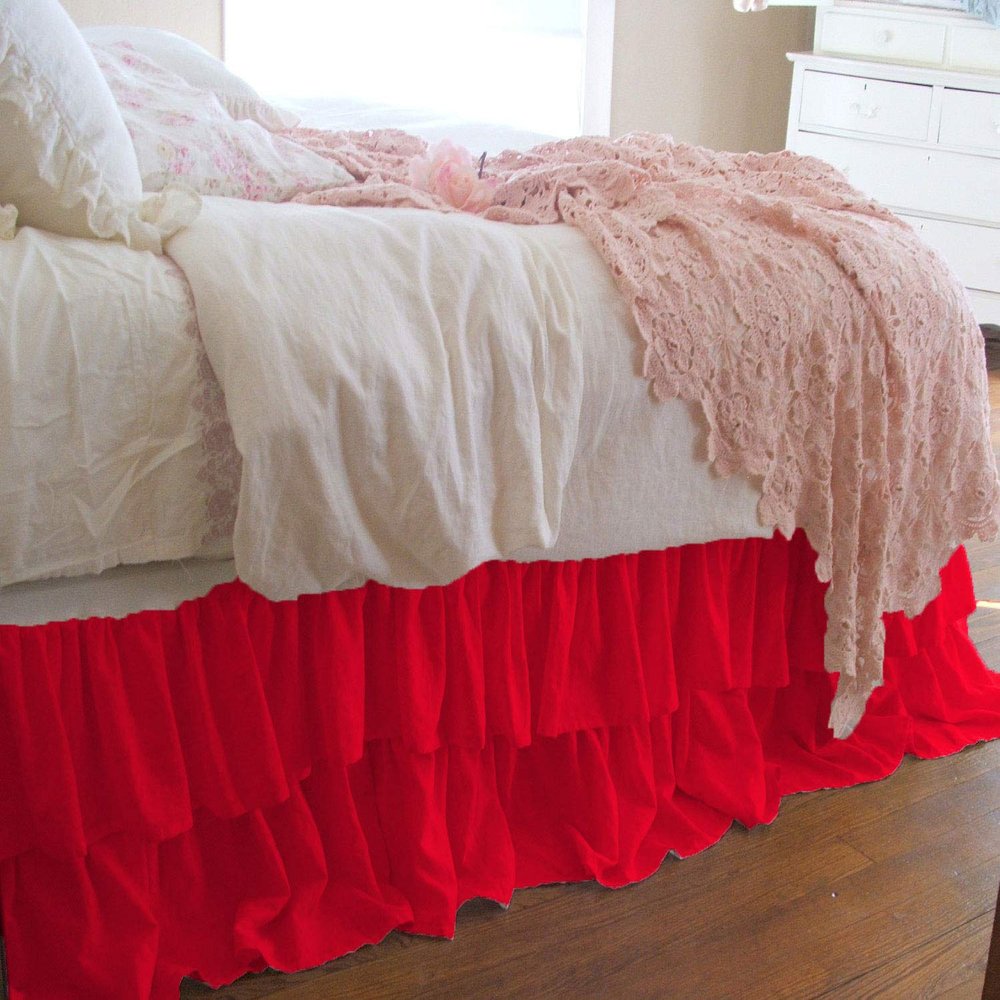 1 Piece Solid 20" Drop Double Layer Ruffle Bed Skirt 600TC Egyptian Cotton (Red, Twin)
