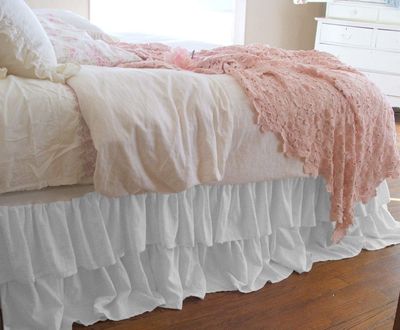 1 Piece Solid 20" Drop Double Layer Ruffle Bed Skirt 600TC Egyptian Cotton (White, Queen)
