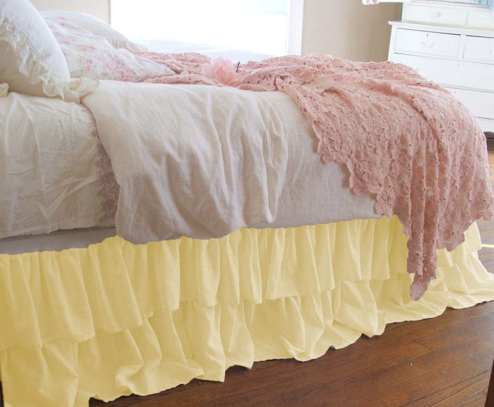 1 Piece Solid 20" Drop Double Layer Ruffle Bed Skirt 600TC Egyptian Cotton (Ivory, Queen)