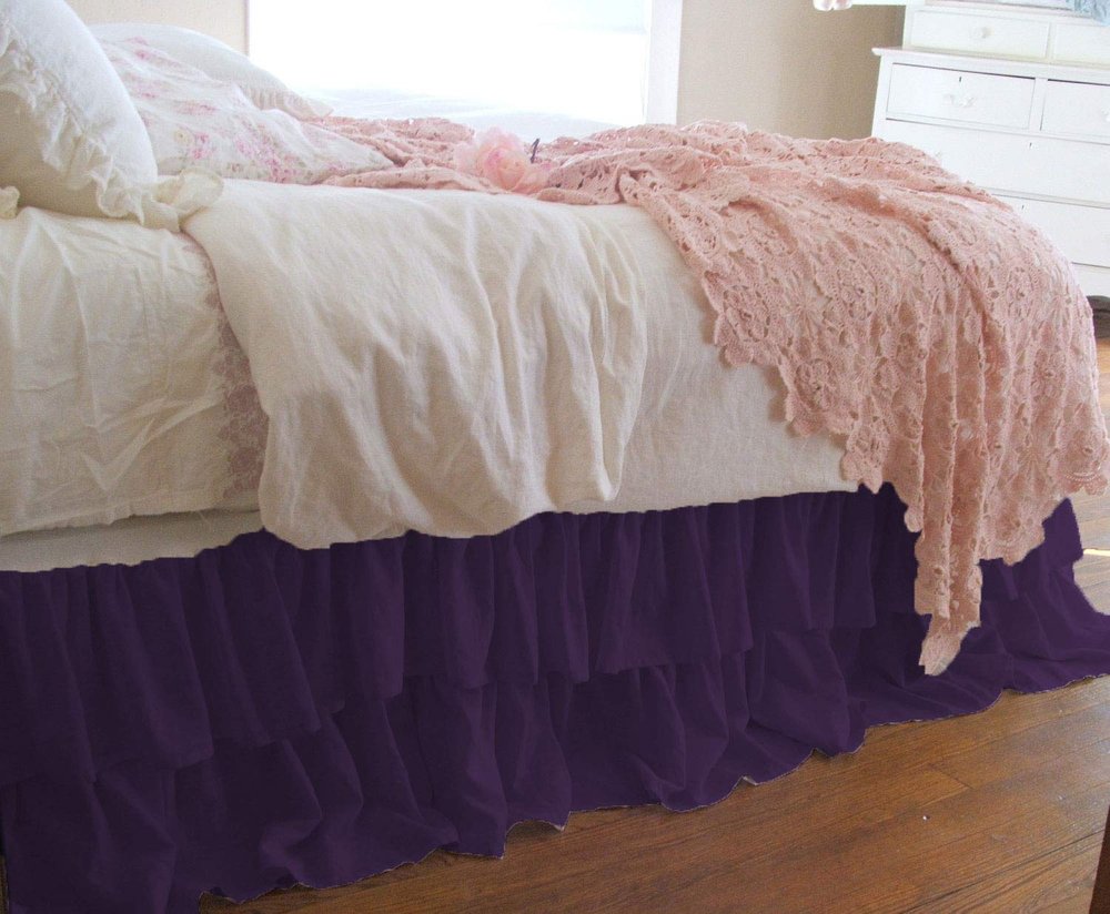 1 Piece Solid 20" Drop Double Layer Ruffle Bed Skirt 600TC Egyptian Cotton (Purple, Queen)