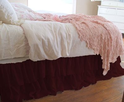 1 Piece Solid 20" Drop Double Layer Ruffle Bed Skirt 600TC Egyptian Cotton (Wine, Queen)