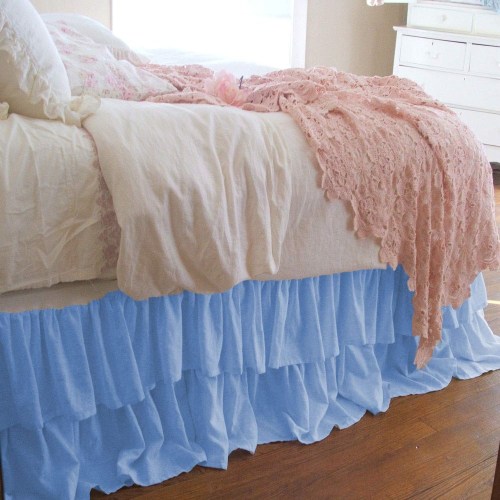 1 Piece Solid 20" Drop Double Layer Ruffle Bed Skirt 600TC Egyptian Cotton (Baby Blue, Twin)