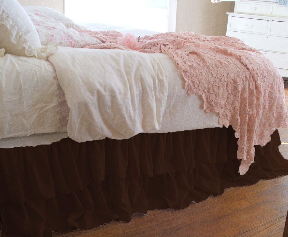 1 Piece Solid 20" Drop Double Layer Ruffle Bed Skirt 600TC Egyptian Cotton (Coffee, Queen)