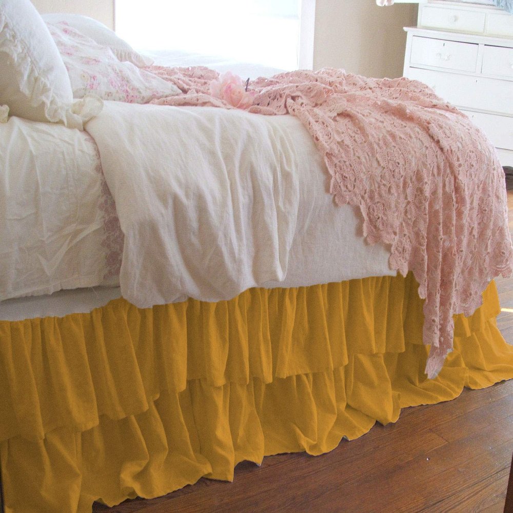 1 Piece Solid 20" Drop Double Layer Ruffle Bed Skirt 600TC Egyptian Cotton (Gold, Full)