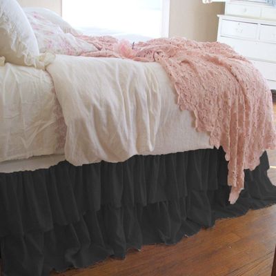 1 Piece Solid 25" Drop Double Layer Ruffle Bed Skirt 600TC Egyptian Cotton (Black, Queen)